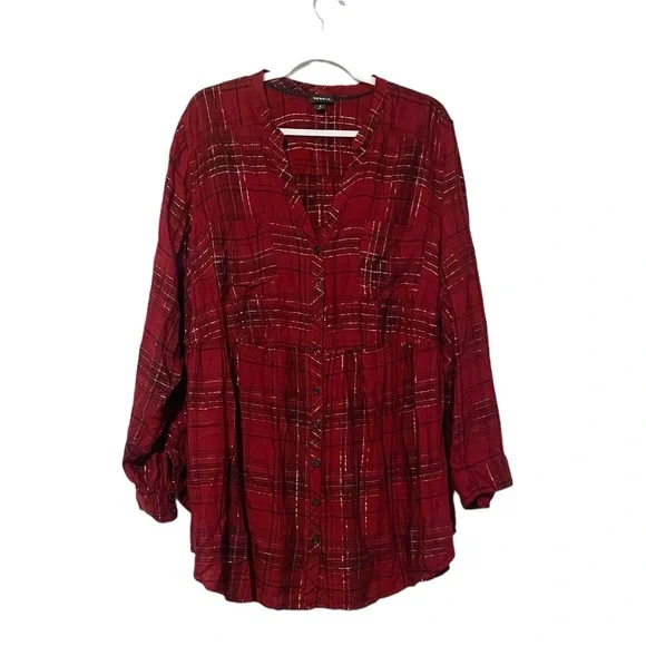 Womens High-low Burgundy Plaid Button-Front Peplum Shirt - Picture 4 of 11